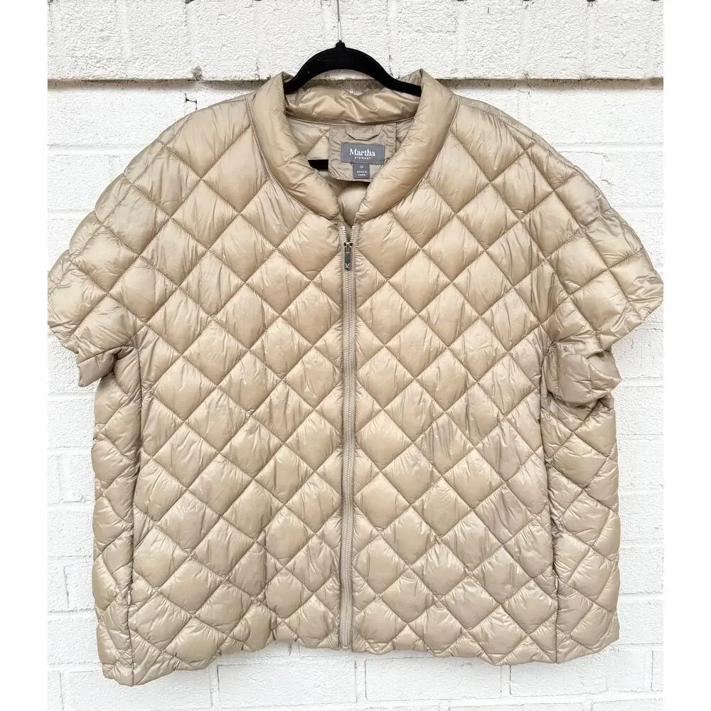 Martha Stewart Womens Short Sleeve Packable Quilted Vest Jacket Goldish Khaki 3X